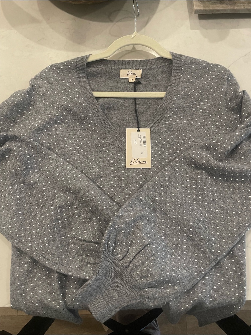 Elan Heather Gray V-Neck Pullover with Rhinestone Texture